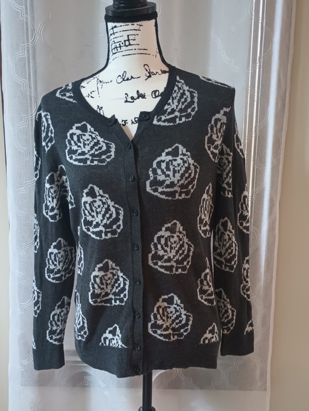 LOFT Charcoal Gray Cardigan with White Rose Motif